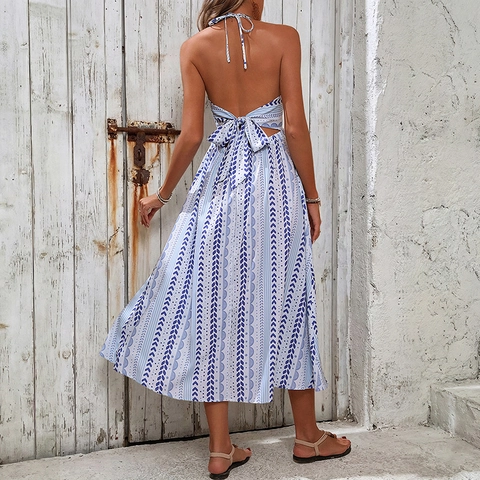 Women's Halter Backless Maxi Dress Bohemian Blue And White Print V Neck Sexy Summer Beach Vacation Swing A-Line Long Dress
