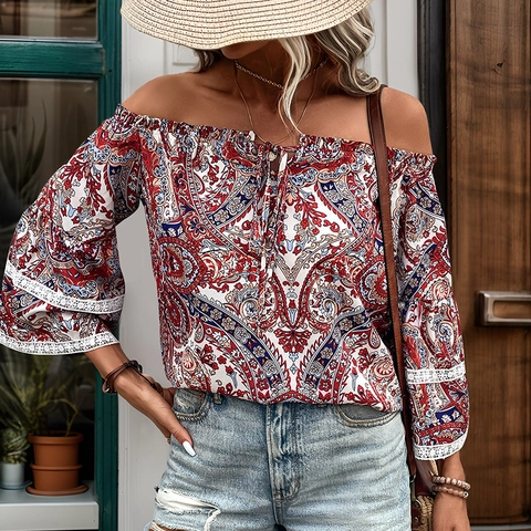 Dames Boheems Paisley Print Off Shoulder Blouse Met Kant Trim Klokmouw Rood Casual Vakantie Pullover Top