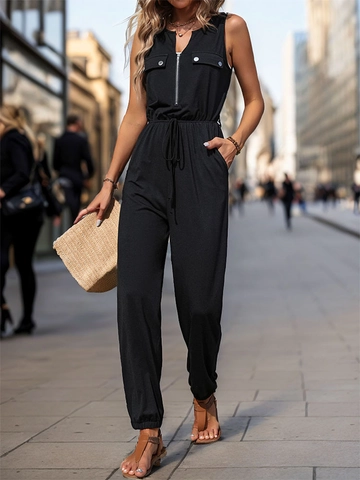 Mono Sin Mangas para Mujer Poliéster Elastano Cremallera Frontal Bolsillos Cargo Cintura con Cordón Pantalón Jogger Moda Urbana