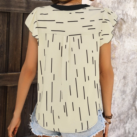 Women's Casual V-Neck Short Sleeve Blouse With Flutter Sleeves Vertical Stripe Print Polyester Contrast Trim Summer Top For Ladies