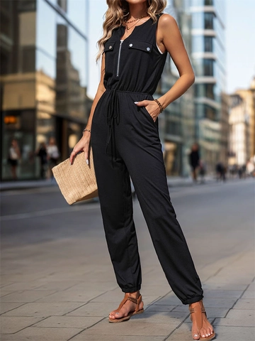 Mono Sin Mangas para Mujer Poliéster Elastano Cremallera Frontal Bolsillos Cargo Cintura con Cordón Pantalón Jogger Moda Urbana