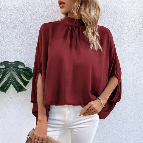 Elegant Women Mock Neck Pleated Blouse Satin Look Batwing Sleeve Side Split Shirt Vintage Back Bow Tie Office Tops