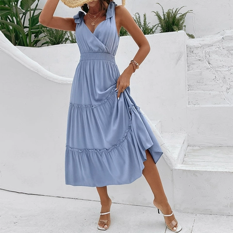 Vestido Maxi a Capas con Cuello en V para Mujer Espalda Descubierta Lazo al Hombro Cintura Alta Nido Abeja Color Sólido Vacaciones