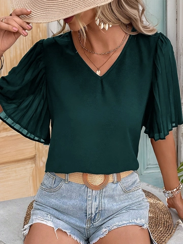 Women Elegant V Neck Pleated Short Sleeve Blouse Solid Color Chiffon Shirt Casual Fashion Summer Top For Office Vacation