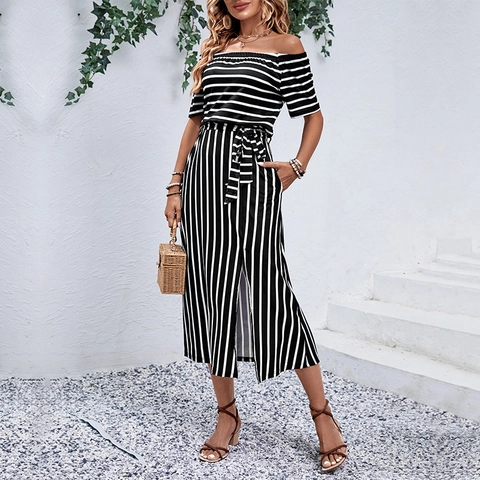 Dames Casual Gestreepte Off-shoulder Midi Jurk Zomer Elegant Gespleten Zoom Strikceintuur Strand Vakantie Party Jurk