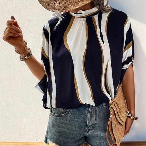 Damen Sommer Abstrakter Wellendruck Bluse Elegante Fledermausärmel Reguläre Passform Polyester Pullover Mittellange Hemd Top