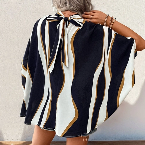 Damen Sommer Abstrakter Wellendruck Bluse Elegante Fledermausärmel Reguläre Passform Polyester Pullover Mittellange Hemd Top