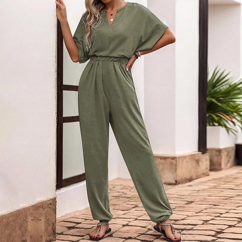 Dames Casual Jumpsuit V-hals Korte Mouw Elastische Taille Lange Broek Effen Kleur Elegant Zomer Eendelig Outfit
