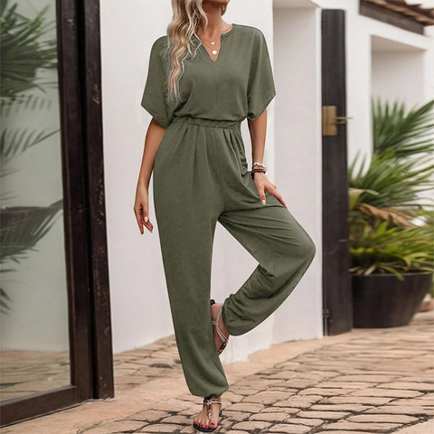 Dames Casual Jumpsuit V-hals Korte Mouw Elastische Taille Lange Broek Effen Kleur Elegant Zomer Eendelig Outfit