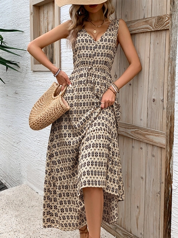 Women's Bohemian V Neck Sleeveless Maxi Dress Geometric Print High Waist Drawstring Summer Beach Vacation Long Dress
