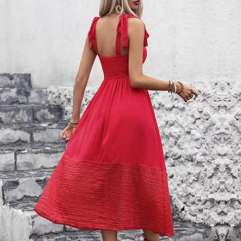 Women Elegant Red Square Neck Sleeveless Midi Dress Bow Tie Shoulder Straps Solid Tiered Hem Summer Vacation A-Line Dress