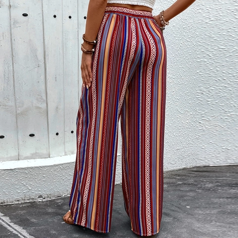 Pantalon Large Taille Haute Bohème pour Femmes Été Imprimé Rayures Verticales Pantalon Décontracté Vacances Palazzo