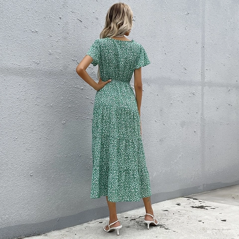 Damen Sommer Grün Blumenmuster V-Ausschnitt Kurzarm Polyester Midi Kleid Boho Rüschen Gestuft A-Linie Urlaub Kleid