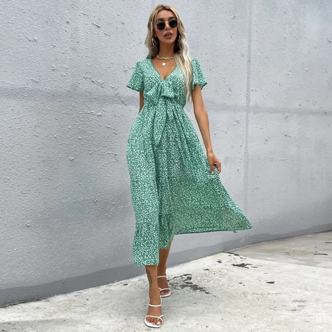 Abito da Donna Estivo con Stampa Floreale Scollo a V Manica a Volant Fiocco Abito Midi a Trapezio Casual Spiaggia Vacanza