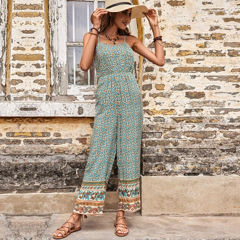 Women Bohemian Floral Print Jumpsuit Casual V-Neck Sleeveless Straps Wide Leg Long Pants Summer Vacation Viscose Romper
