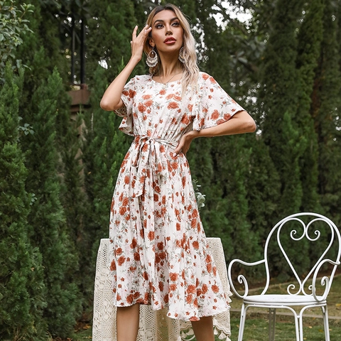 Women Floral Ruffle Sleeve Round Neck Tie Waist Midi Dress Summer Casual Elegant Rose Print Polyester Flowy Vacation Dress
