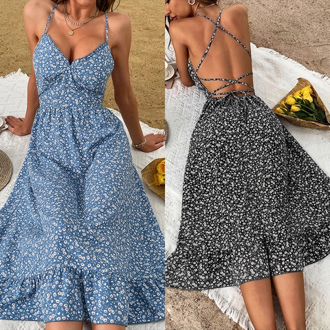 Women Elegant Floral Print V-Neck Spaghetti Strap Backless Midi Dress Sexy High Waist Ruffle Hem Summer Vacation Sun Dress