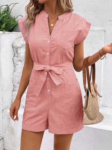Pagliaccetto a Righe da Donna Manica Corta Scollo a V Bottoni Vita con Lazo Casual Tuta Estiva Con Tasche Misto Cotone