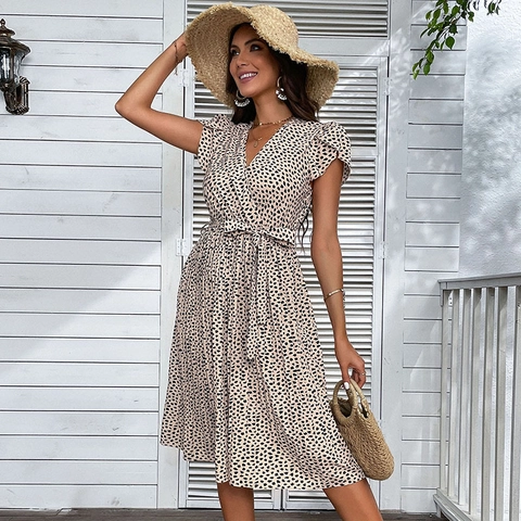 Dames V-hals Luipaardprint Jurk Khaki Korte Volantmouw Wikkel Vetersluiting Taille Zomer Casual Vakantie A-Lijn Midi Jurk