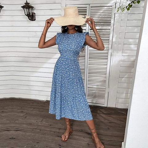 Women Retro Floral Midi Dress Summer High Waist Round Neck Butterfly Sleeve Tiered A-Line Elegant Vacation Party Dress