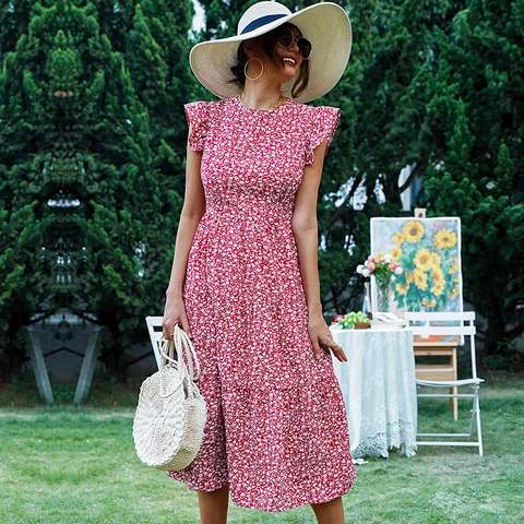 Women Retro Floral Midi Dress Summer High Waist Round Neck Butterfly Sleeve Tiered A-Line Elegant Vacation Party Dress