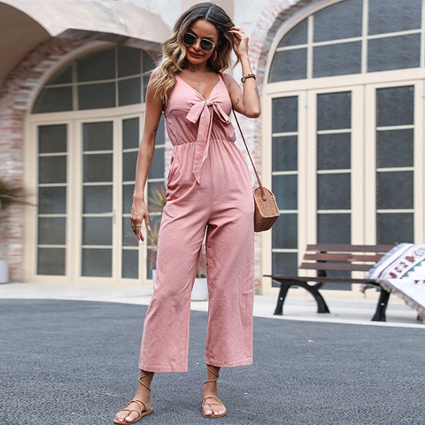 Combinaison Sexy Col en V pour Femmes Mélange de Coton Rose Sans Manches Taille Haute Jambe Large avec Décoration Nœud Été