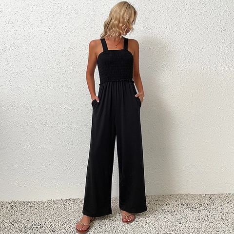Women Casual Sleeveless Smocked Wide Leg Jumpsuit Square Neck High Waist Solid Color Jumpsuit With Pockets Vacation Summer Romper