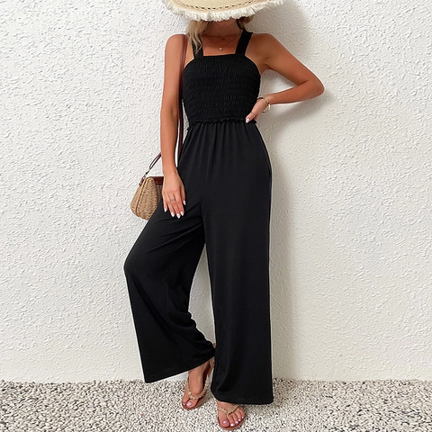 Women Casual Sleeveless Smocked Wide Leg Jumpsuit Square Neck High Waist Solid Color Jumpsuit With Pockets Vacation Summer Romper