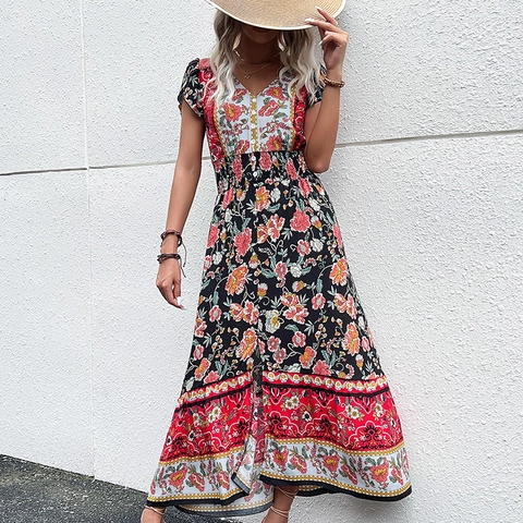 Robe Midi Bohème à Imprimé Floral Col en V Femmes Été Viscose Manches Courtes à Volants Fente Trapèze Robe de Plage