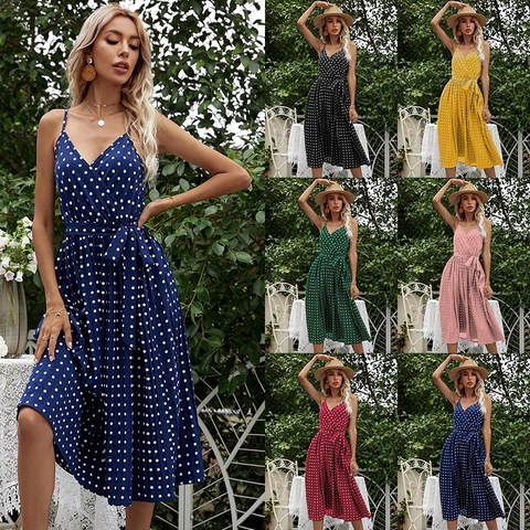 Women Casual Polka Dot Spaghetti Strap Midi Dress V Neck High Waist Pleated Sun Dress With Belt For Summer Vacation Style