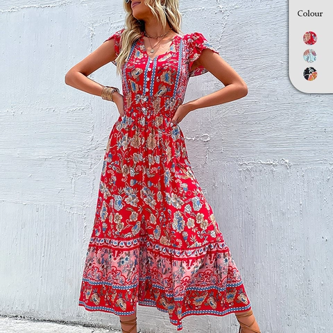 Robe Midi Bohème à Imprimé Floral Col en V Femmes Été Viscose Manches Courtes à Volants Fente Trapèze Robe de Plage