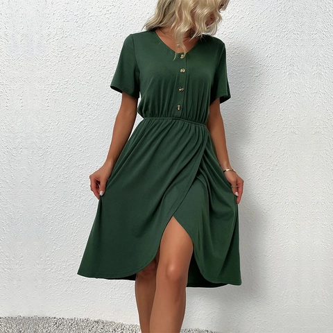 Elegant Women V-Neck Short Sleeve Dark Green Midi Dress Solid Color Irregular Hem Button Trim Summer Fashion Vacation Wrap Dress