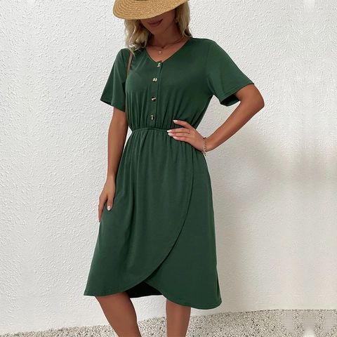 Elegant Women V-Neck Short Sleeve Dark Green Midi Dress Solid Color Irregular Hem Button Trim Summer Fashion Vacation Wrap Dress