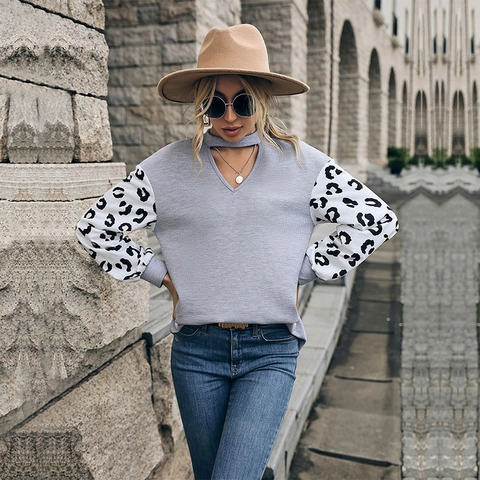 Maglia da Donna Casual con Stampa Leopardata Patchwork Manica Lunga in Maglia a Nido d'Ape Scollo a V Choker