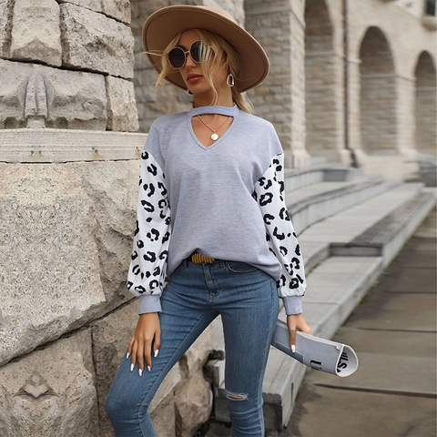 Maglia da Donna Casual con Stampa Leopardata Patchwork Manica Lunga in Maglia a Nido d'Ape Scollo a V Choker