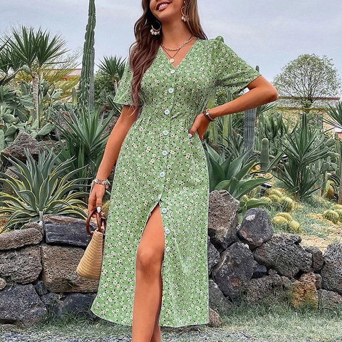 Damen Casual V Ausschnitt Blumenmuster Midi Kleid Kurzarm Knopf Vorne Hoher Schlitz Hohe Taille Elegant A Linie Urlaub