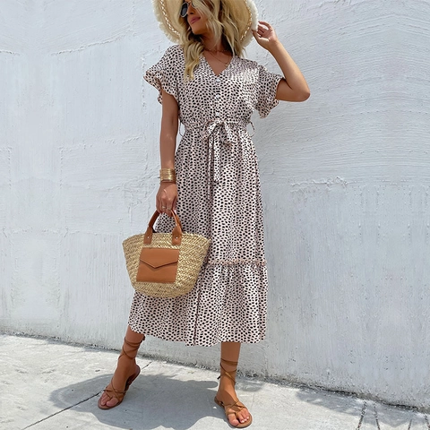 Damen V-Ausschnitt Punktmuster Midikleid Kurzarm Flügelärmel Schnürung Vorne Schlitz Sommer Urlaub Lässiges A-Linien Kleid