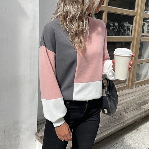 Damen Casual Farbblock Waffelstrick Top Kontrastfarbe Patchwork Langarm Pullover Rundhalsausschnitt Lockerer Pullover Herbst Top