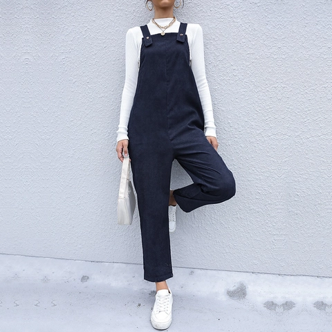 Women Casual Corduroy Overalls Loose Solid Color Ankle Length Jumpsuit Vintage High Waist Warm Fashion Commuter Pants