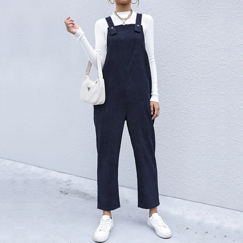 Women Casual Corduroy Overalls Loose Solid Color Ankle Length Jumpsuit Vintage High Waist Warm Fashion Commuter Pants