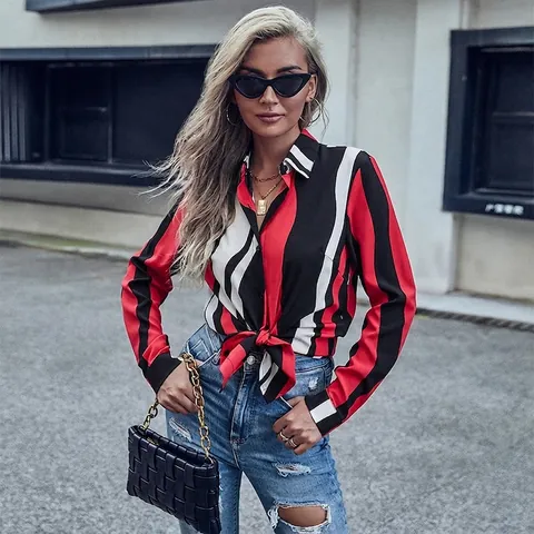 Damen Mode Streifen Hemd Langarm Umlegekragen Locker Bedruckt Polyester Button Down Lässige Bluse Streetwear Top