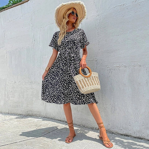 Abito Midi Casual da Donna a Maniche Corte con Girocollo e Stampa Leopardata Abito a Trapezio per Vacanze Estive con Cinturino in Vita Vestidos