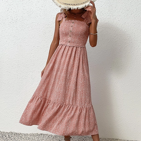 Abito Midi da Donna con Stampa Floreale Corpino a Punto Smock Spalline Regolabili con Fiocco Orlo con Volant Estate Vacanza Boho Abito Senza Maniche