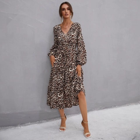 Vestido Midi Elegante para Mujer Estampado de Leopardo Manga Larga Cuello en V Volantes Botonadura Cordón Cintura Casual Otoño