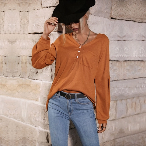 Damen Casual Waffelstrick Hoodie T-Shirt Langarm V-Ausschnitt Knopfleiste Top Mit Tasche Bequemer Lockerer Baumwollmix Pullover
