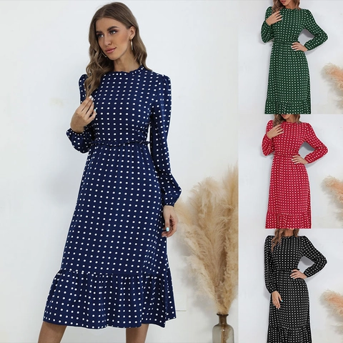 Vestito Midi Vintage a Pois da Donna Elegante Girocollo Maniche Lunghe Arricciato Vita Alta Orlo a Volant Abito Casual Festa