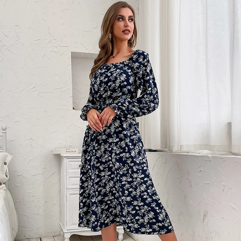 Damen Retro Blumenmuster Schulterfrei Langarm Laternenärmel A-Linie Midikleid Elegant Französischer Stil Herbst Winter Kleid