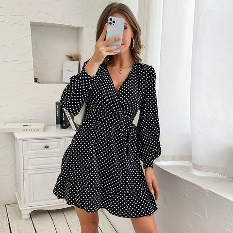 Vestito a Portafoglio Elegante da Donna a Pois Scollo a V Autunno Manica Lunga Cinturino in Vita Orlo con Volant Slim Fit Mini Abito a Linea A Nero Bianco