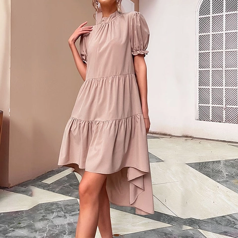 Elegant Women Tiered Midi Dress Puff Sleeve High Neck Asymmetrical High Low Hem Solid Color Polyester Summer Dress