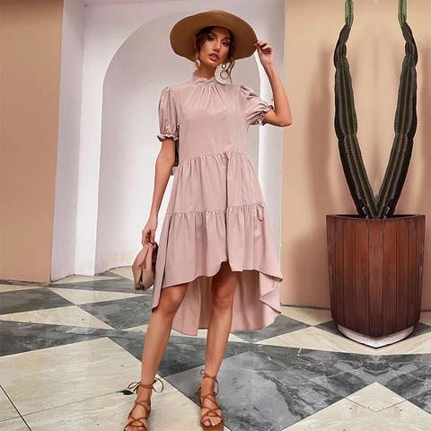 Women's High Waist Solid Color Irregular Tiered Dress Short Puff Sleeve High-Low Hem Loose Pleated Midi Dress Summer Holiday